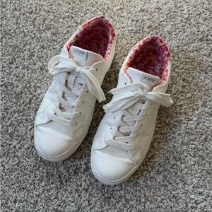 J. Crew White Leather Sneakers with Pink Floral Lining